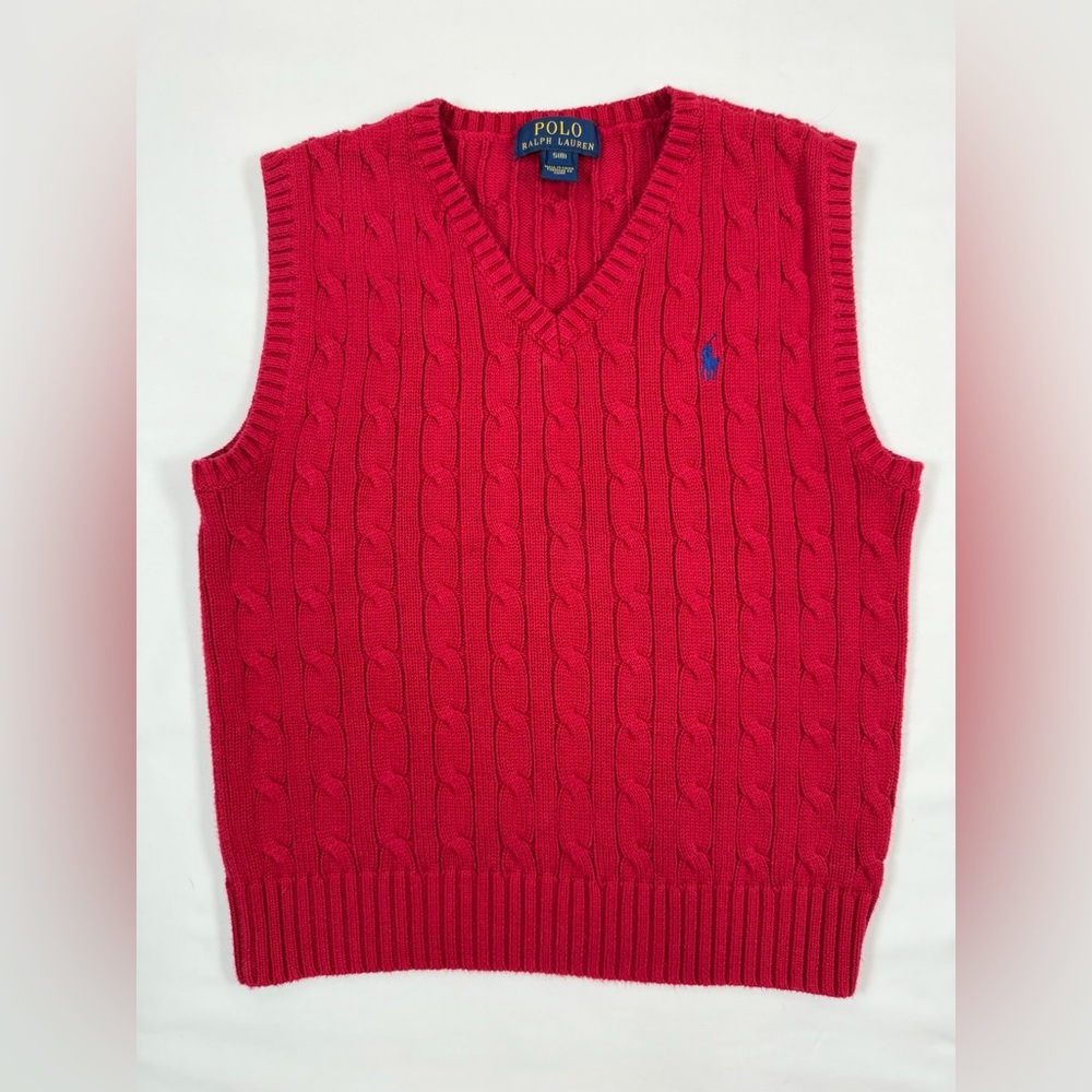 POLO RALPH LAUREN Boys' Red Cable Knit Sweater Vest Preppy Academia Size‎ S